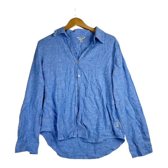 Orvis Button Front Shirt Womens Large Baby Blue Linen‎ Rayon Roll Tab Sleeves S - Picture 1 of 8